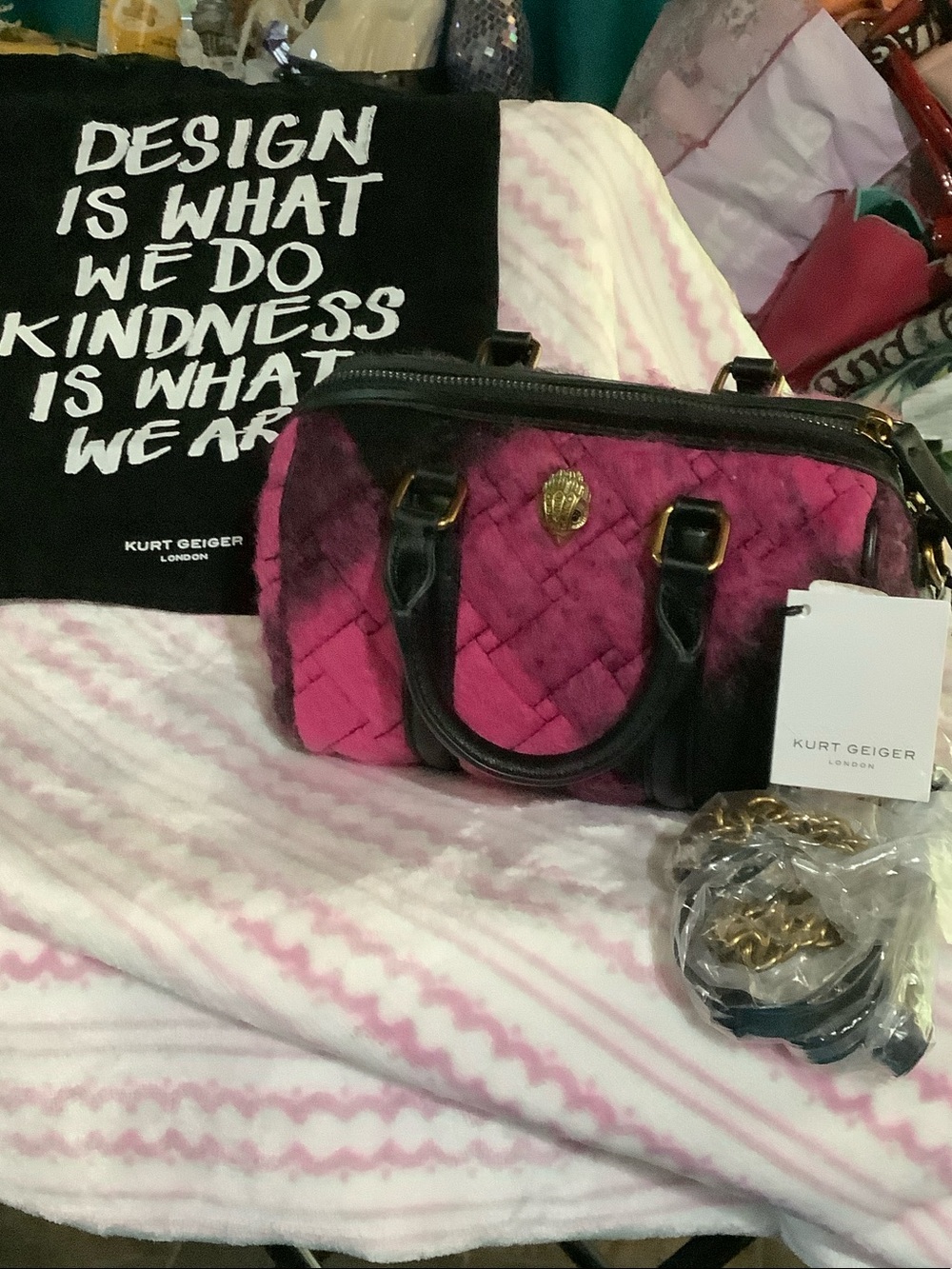 Kurt Geiger Pink Quilted Satchel with Black Trim and Gold Hardware